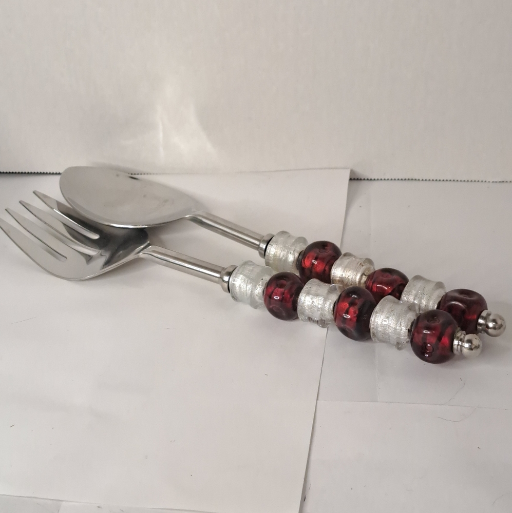 Pampered Chef Red & Silver Beaded Serving Spoon & Fork Holiday Set~Retired